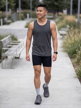 Ua Charged Assert 11 Camo Wide 4e – A high-performance running look featuring black compression shorts, a charcoal moisture-wicking tank top, and light grey crew socks.