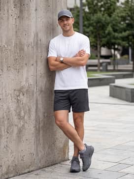 A weekend casual athleisure outfit consisting of dark grey mesh shorts, a crisp white oversized graphic tee, and a matching grey baseball cap.