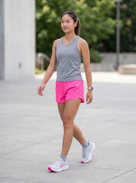 Neon pink moisture-wicking athletic shorts paired with a breathable grey performance tank top for a coordinated track-ready look.