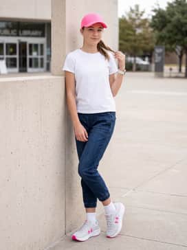 Dark wash denim joggers with a simple white crewneck t-shirt and a matching pink baseball cap to highlight the shoe's accents.