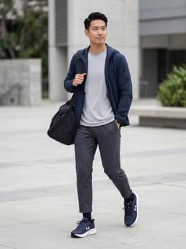 Performance-focused look featuring black moisture-wicking joggers, a light grey tech-tee, and a lightweight navy windbreaker for outdoor training.