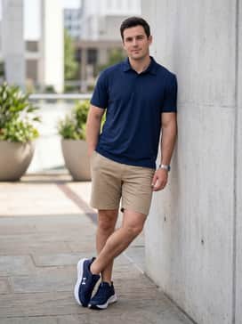 Summer athletic style pairing khaki chino shorts with a navy performance polo and invisible no-show socks for a clean silhouette.
