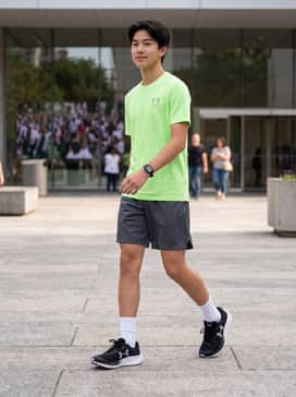 Ua Charged Chase Al – A high-performance look featuring moisture-wicking mesh shorts in charcoal grey, a vibrant neon graphic tee, and white crew socks to highlight the shoes.