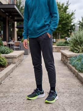 Ua Charged Chase – Dark grey tapered joggers and a teal blue zip-up hoodie that coordinates with the shoe's logo for a polished sporty vibe.