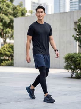 Ua Charged Commit Tr 5 – A high-performance gym look featuring black compression tights worn under navy athletic shorts, paired with a moisture-wicking black technical t-shirt.