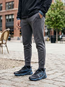 Ua Charged Commit Tr 5 – An urban athleisure outfit consisting of tapered charcoal grey joggers, a black oversized hoodie, and a slate blue windbreaker to match the shoe accents.