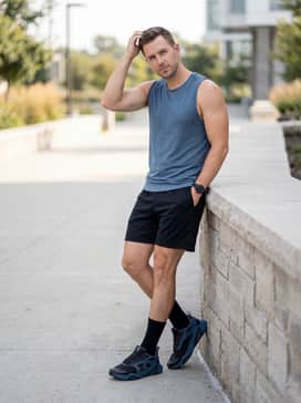 Ua Charged Commit Tr 5 – A summer-ready training kit with black mesh basketball shorts, a sleeveless slate blue performance tank, and high-performance black crew socks.