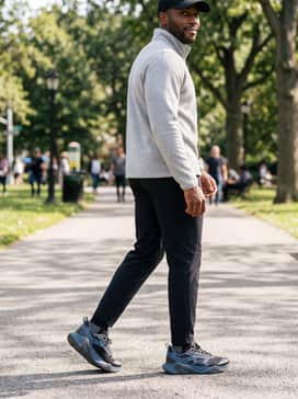 A relaxed weekend ensemble including dark navy track pants, a light grey quarter-zip fleece pullover, and a matching black baseball cap.