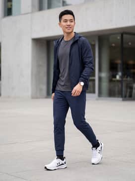 A pair of tapered navy joggers, a charcoal grey performance-mesh t-shirt, and a lightweight windbreaker for a functional workout-to-street transition.