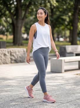 Ua Charged Pursuit 3 – High-waisted slate grey leggings paired with a matching sports bra and an oversized white moisture-wicking tank top for a balanced gym look.