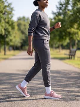 Ua Charged Pursuit 3 – A monochromatic charcoal grey sweatshirt and sweatpants set with white crew socks styled over the hem for a trendy, cozy 'off-duty' appearance.