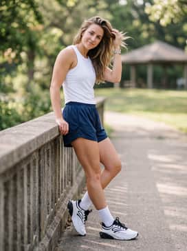 Ua Charged Rogue 6 – A summer workout outfit pairing lightweight mesh navy blue athletic shorts with a breathable white tank top and performance-grade white crew socks.