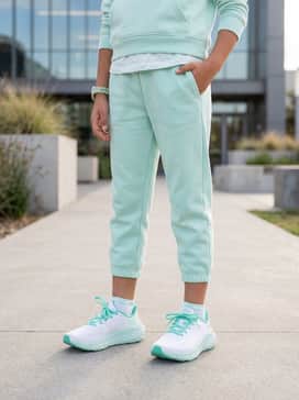 Ua Charged Turbulence 3 – Monochromatic Mint: Mint green joggers and a matching pastel hoodie for a coordinated, trendy streetwear look that emphasizes the shoe's colorful accents.