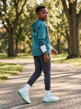 Cool Weather Runner: Charcoal grey track pants and a teal windbreaker over a white long-sleeve base layer for a professional athletic aesthetic.