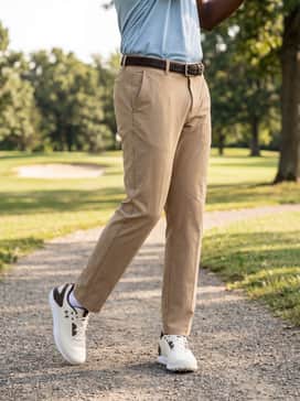 Ua Drive Fade 2 – Tan performance slacks paired with a light blue patterned polo and a dark brown braided belt to create a sophisticated, smart-casual aesthetic for the clubhouse.