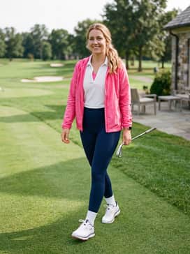 Ua Drive Fade 2 Spikeless – High-waisted navy leggings and a cropped white hoodie, layered with a lightweight hot pink windbreaker for a cohesive athleisure look.