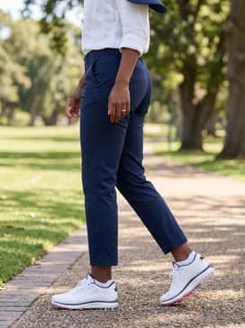 Tailored navy chino shorts and a crisp white linen button-down shirt, accessorized with a navy visor and silver-toned jewelry to match the UA logo.