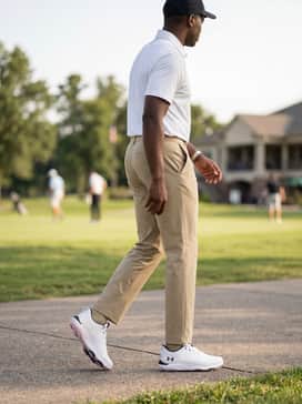 Ua Drive Pro Clone Le – Classic khaki chinos with a white button-down performance shirt and a black cap for a sharp, traditional course appearance.