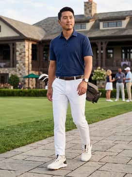Ua Drive Pro Clone – A navy blue performance-fabric polo tucked into tailored white golf trousers, finished with a dark brown leather belt to mirror the shoe's heel accent.
