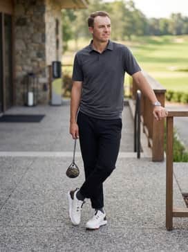 Ua Drive Pro Clone – Slim-fit black joggers and a minimalist tech-fabric t-shirt with subtle orange detailing to draw out the vibrant colors of the shoe's spikes.