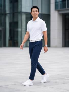 Ua Drive Pro Clone Spikeless – A performance-ready look featuring navy blue moisture-wicking golf trousers, a tucked-in white polo shirt, and a sleek white leather belt for the golf course.