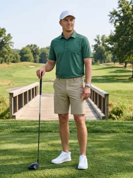 Ua Drive Pro Clone Spikeless – A summer-ready sport style with khaki technical fabric shorts, a breathable forest green polo, and a white performance cap for a day on the links.