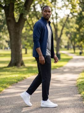 Ua Drive Pro Clone Spikeless – A modern athleisure ensemble pairing black tapered joggers with a fitted grey technical tee and a lightweight navy blue quarter-zip pullover for a versatile everyday look.