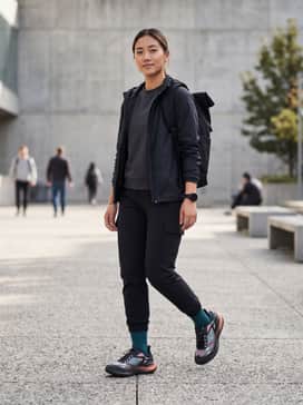 Tapered black technical joggers, a charcoal moisture-wicking tee, and a lightweight windbreaker for a sleek urban look.