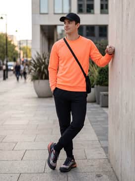 Black straight-leg denim, a neon orange graphic sweatshirt to match the sole gradient, and a minimalist black baseball cap.