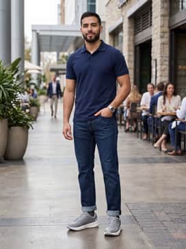 Pair with dark-wash straight-leg jeans and a navy blue polo shirt for a smart-casual weekend brunch outfit.