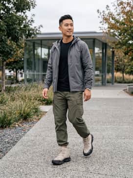 A technical gorpcore outfit featuring olive green ripstop cargo pants, a black moisture-wicking base layer, and a slate grey waterproof shell jacket.