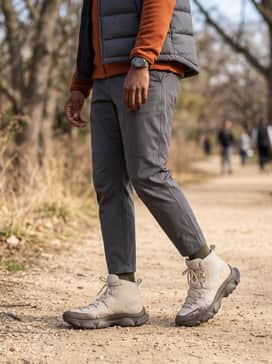 A trail-ready aesthetic consisting of brown stretch-canvas trekking trousers, a burnt orange fleece mid-layer, and a graphite-colored down vest.