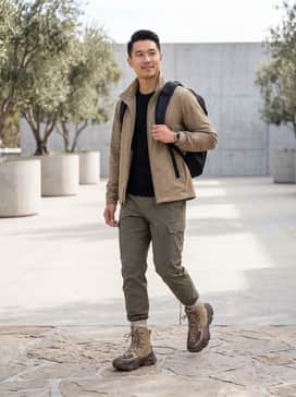 Ua Expanse Reaper Waterproof Printed – Technical olive cargo pants paired with a black moisture-wicking base layer and a tan lightweight windbreaker for a functional hiking ensemble.