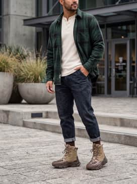 Ua Expanse Reaper Waterproof Printed – Tapered utility denim in a dark wash, a cream-colored thermal henley, and a heavy forest green flannel shirt for a rugged weekend look.