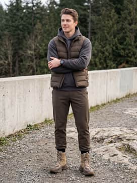 Relaxed fit charcoal grey tactical joggers combined with a matching hoodie and a quilted down vest in a neutral earth tone.