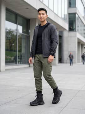A gorpcore-inspired ensemble featuring olive green ripstop cargo pants, a black moisture-wicking compression base layer, and a lightweight waterproof shell jacket in charcoal grey.