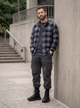 Ua Expanse Reaper Waterproof – A rugged weekend outfit pairing dark-wash tapered jeans with a heavy-weight buffalo plaid flannel shirt layered over a simple charcoal crew-neck t-shirt.