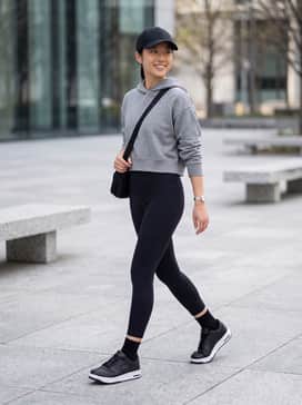 High-waisted black performance leggings paired with a cropped grey hoodie and a sleek black baseball cap for a streamlined gym-to-street look.