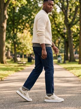 Ua Flex Nubuck – Wear with dark indigo denim and a textured cream-colored sweater to play off the shoe's tonal neutral colors for a cozy, sophisticated fall vibe.