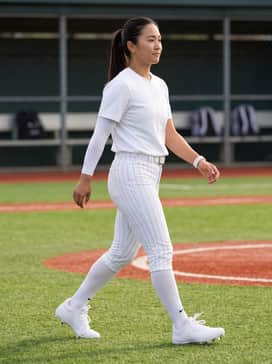 A full competitive softball uniform featuring optic white pinstriped pants, a matching moisture-wicking jersey, and white compression arm sleeves for a professional look.