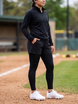 Ua Glyde Sola Pro Mt – High-performance training gear consisting of black compression leggings, a fitted white quarter-zip athletic pullover, and a sleek headband for an 'all-business' practice vibe.