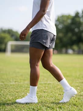 Summer training attire featuring charcoal grey athletic shorts with an integrated liner and a lightweight white mesh performance tee for maximum breathability.