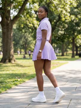 Coordinate with a monochromatic lavender tennis skirt and a matching polo top to lean into a preppy, sporty aesthetic that transitions from the field to lunch.