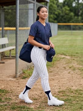 Ua Glyde Sola Rm – A professional gameday look featuring white pinstriped softball pants, a tucked-in navy jersey, and matching navy stirrup socks to highlight the crisp white cleats.