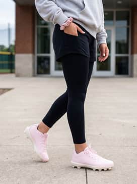 For off-field practice, pair these cleats with black compression leggings, a light grey oversized athletic hoodie, and a pink velvet scrunchie to pull the outfit together.