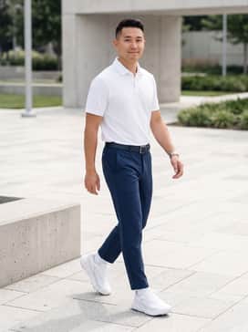 A professional golf look featuring navy blue tapered performance trousers, a crisp white moisture-wicking polo shirt, and a coordinated navy belt.