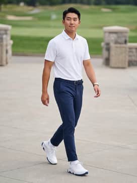 Ua Halo Tour Spikeless – A white performance-mesh polo paired with slim-fit navy blue tech chinos and a braided navy belt for a cohesive, professional on-course appearance.