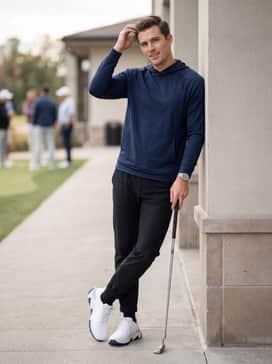 Ua Halo Tour Spikeless – Black tapered joggers with a sleek navy technical hoodie for a modern, streetwear-inspired golf outfit perfect for cooler temperatures.
