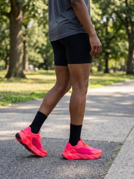 A bold summer look consisting of black cycling shorts, a cropped white ribbed tank top, and a matching pink cross-body bag to balance the vibrant footwear.