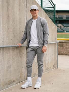 Ua Harper 10 Pro Tpu Mid – A post-game transition outfit with tapered tech-fleece joggers in heather grey, a minimalist white graphic tee, and a matching baseball cap.
